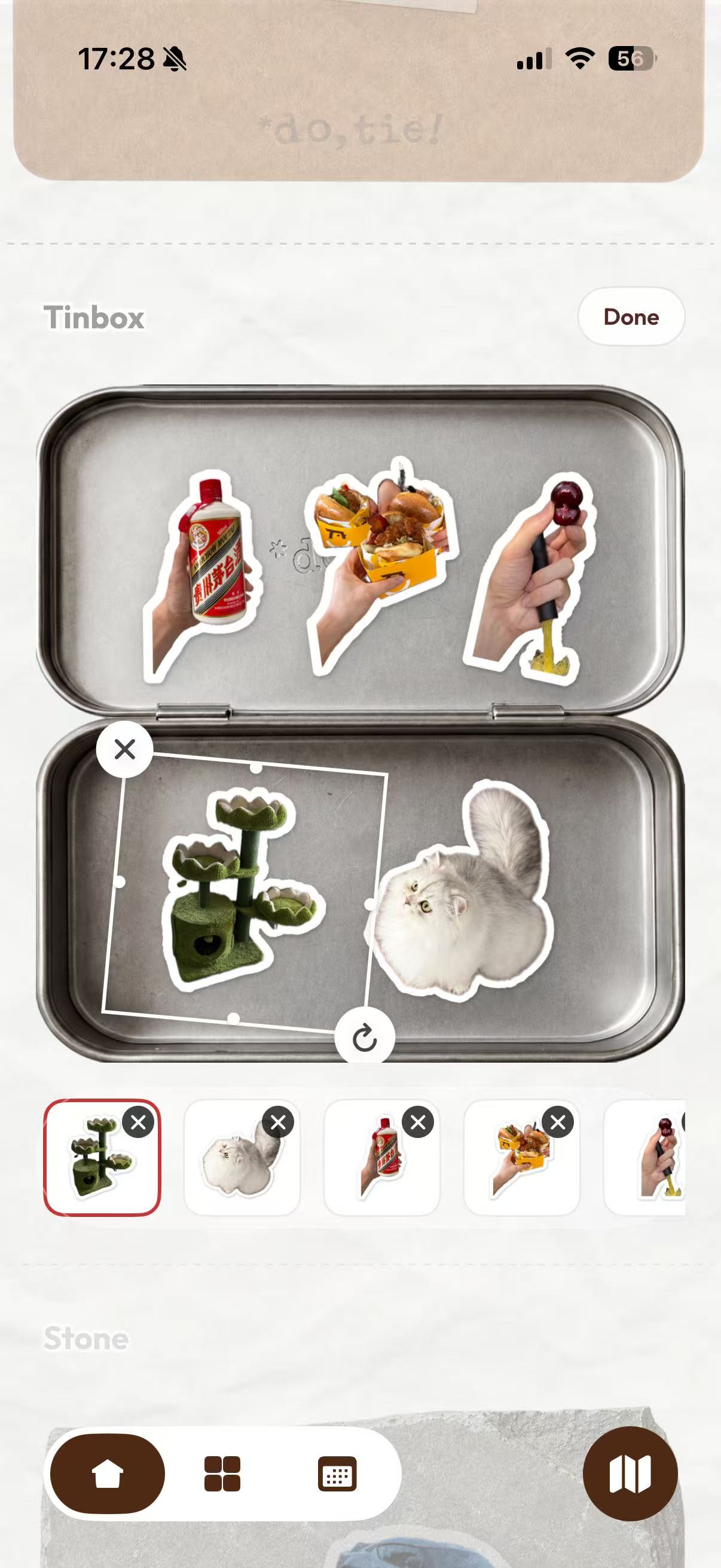 dotie sticker board editor with a tin box and draggable stickers