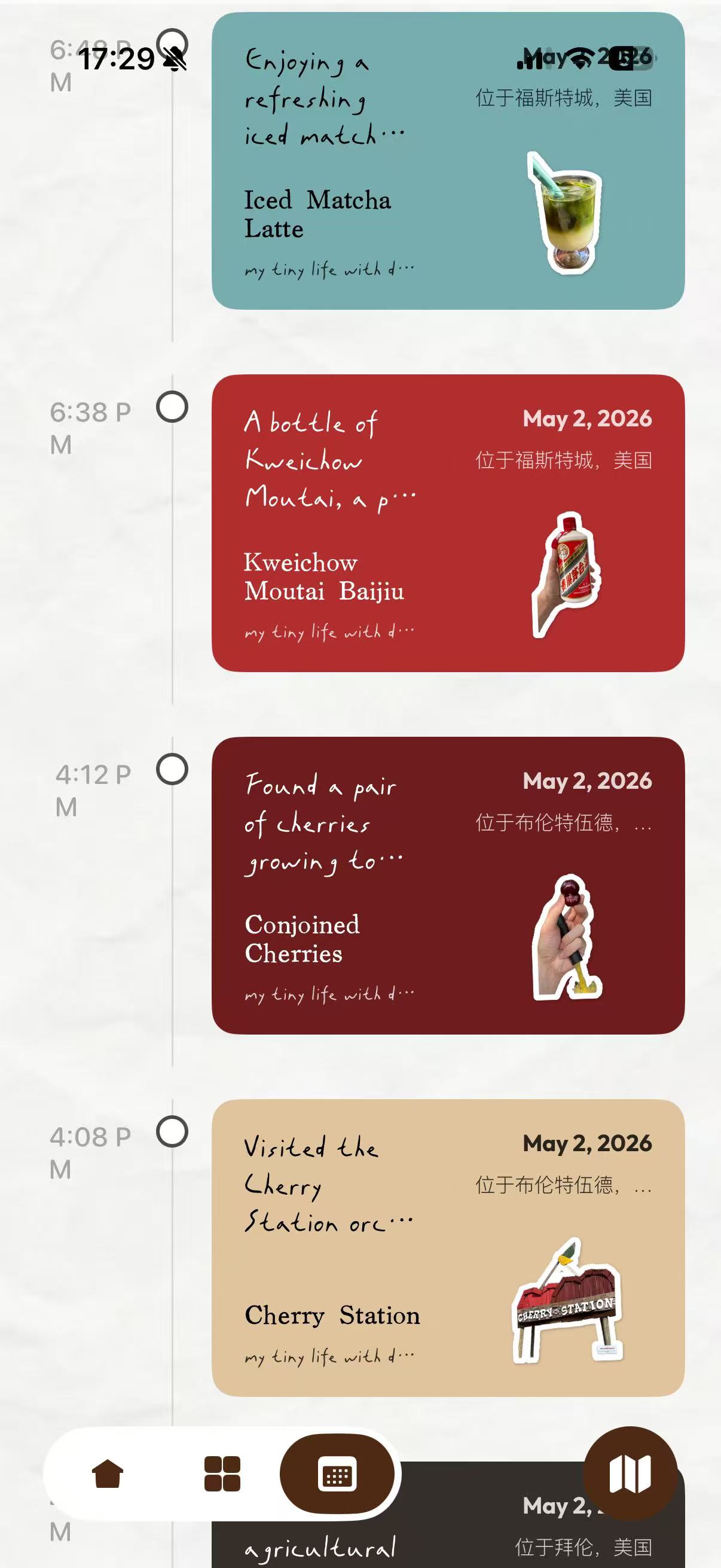dotie timeline view with sticker cards for drinks, objects, and places